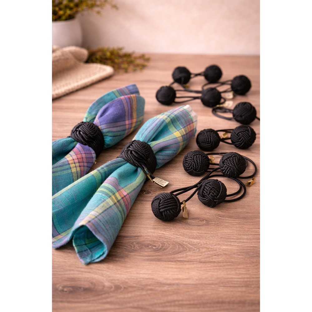 Pottery Barn Napkin Rings Set 8 Black Elastic Knotted Tablescape Decor New Tags